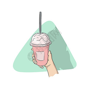 手握草莓果汁 在白色背景插图矢量上单独抽拔鲜奶油手背景图片