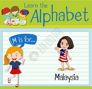 抽认卡字母 M 代表马来语演讲绘画海报白色文化学习绿色国籍艺术教育设计图片