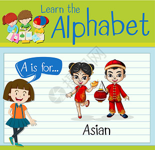 儿童可爱接送卡抽认卡字母 A 代表亚洲夹子绘画女孩卡片演讲活动男生戏服学习插图设计图片