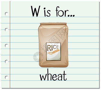 低卡麦片抽认卡字母 W 是 whea拼写阅读幼儿园夹子小麦闪光刻字插图卡片纸板设计图片