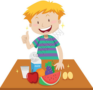 西瓜酸奶牛奶餐桌上的小男孩和健康食品插画