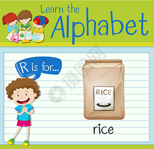 抽绳包抽认卡字母 R 代表 ric孩子纸袋孩子们教育绿色活动艺术食物学习插图设计图片