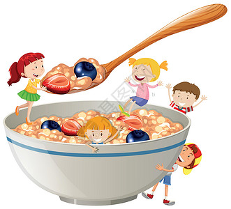 麦片碗里女孩孩子们和麦片配浆果插画