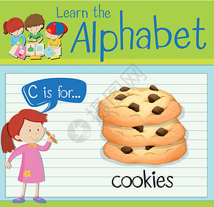 夹心巧克力饼干抽认卡字母 C 用于 cookie夹子孩子们孩子海报教育演讲白色工作卡片活动设计图片