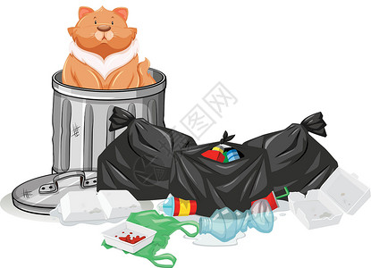 垃圾桶里猫坐在垃圾桶里的猫插画