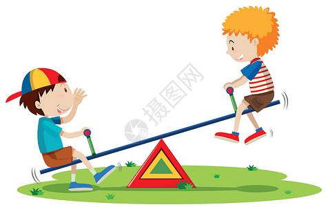 玩跷跷板男孩两个男孩在标准杆上玩跷跷板平衡木朋友们绘画小路青年乐趣男生瞳孔游戏白色插画