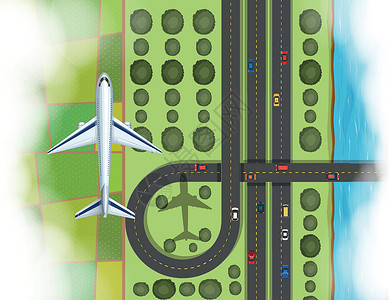 航空路立飞机飞越 lan 的空中场景汽车卡通片场地飞行运输旅行风景车辆交通艺术插画