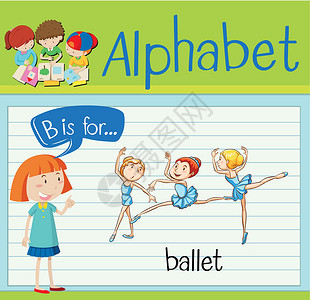 孩子演员抽认卡字母 B 代表球卡片学校白色舞蹈家孩子爱好娱乐绿色演讲演员设计图片