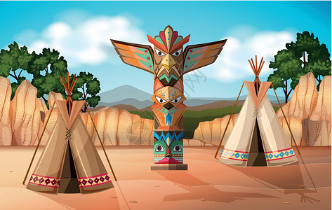彝人部落帐篷和图腾 pol 的场景插画