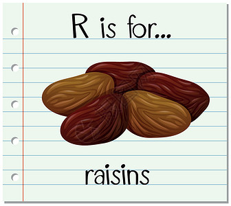 杏仁酪字体抽认卡字母 R 代表葡萄干教育拼写刻字卡片夹子食物小吃字体插图绘画插画