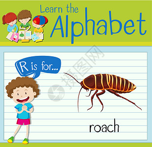 捕昆虫的孩子抽认卡字母 R 代表 roac绘画绿色海报插图孩子漏洞教育生物活动孩子们设计图片