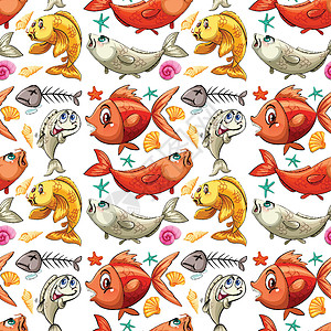 鱼骨素材无缝背景设计与 fis生物绘画宠物动物热带夹子鱼骨异国海星插图插画