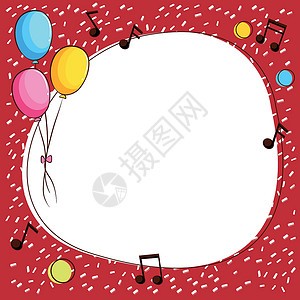 红色框和气球带气球和音符的边框模板空白边界艺术绘画写作红色公告夹子庆典派对插画