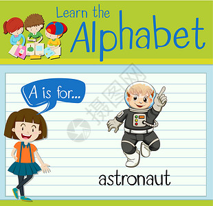 抽认卡字母 A 用于宇航员孩子们教育绿色夹子海报卡片学校活动演讲绘画背景图片