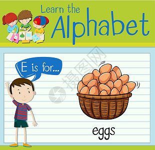 孩子拿着鸡蛋抽认卡字母 E 代表鸡蛋食物孩子们学习教育产品白色夹子学校卡片工作设计图片