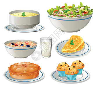 牛奶松饼盘子里不同种类的食物小路蔬菜麦片牛奶蛋糕绘画沙拉艺术馅饼甜点插画