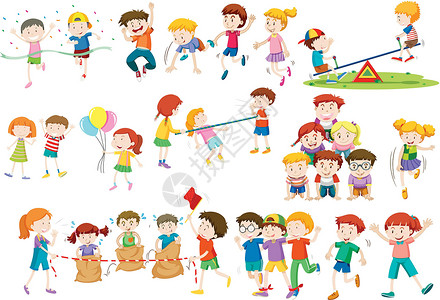 儿童跷跷板孩子们玩不同的游戏和活动插画