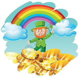绿色金币素材妖精与金币和 rainbo插画