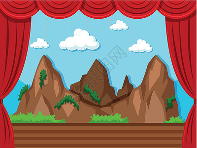 女儿城舞台有山有草的舞台背景插画