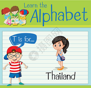 泰国女孩抽认卡字母 T 代表泰语夹子活动白色教育卡片绿色女孩海报演讲插图设计图片