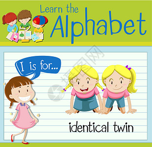 双胞胎女孩抽认卡字母 I 代表相同的 twi插图孩子绘画卡片工作夹子教育白色家庭海报设计图片