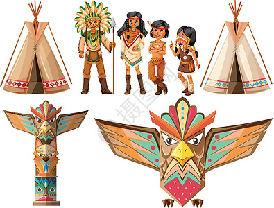 图腾柱美国原住民印第安人和 tepe图腾女士夹子小路帐篷艺术团体剪裁收藏男人插画