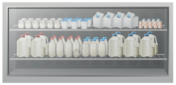 牛奶纸盒装满瓶子和杯子的架子插画
