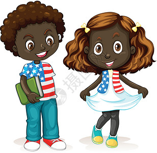 非洲裔美国男孩和女孩童年剪裁孩子们朋友们哥们艺术队友学校姐姐学生插画