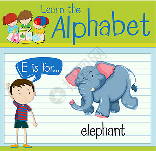 学习的大象抽认卡字母 E 代表大象哺乳动物孩子动物生物工作孩子们学习绘画白色海报设计图片