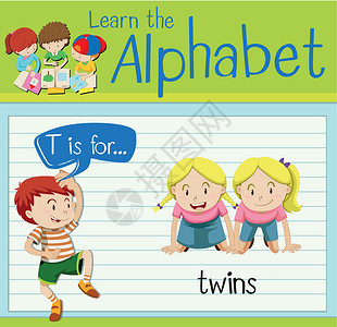 双胞胎女孩抽认卡字母 T 代表双胞胎卡片白色演讲工作插图海报绿色活动女孩夹子设计图片