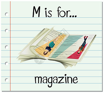 杂志字体抽认卡字母 M 用于杂志夹子写作卡通片闪光页数阅读教育卡片教育性艺术插画