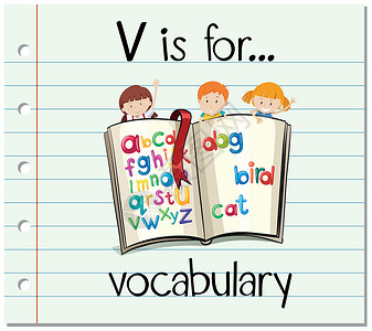 寿辰词汇抽认卡字母 V 用于词汇男生插图刻字写作阅读拼写艺术教育性女孩卡片设计图片