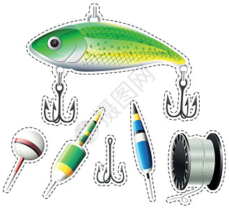 晒鱼干工具钓鱼设备贴纸套装设计图片