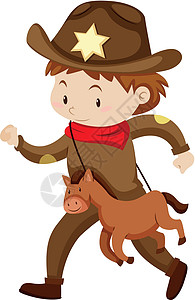 男孩穿着牛仔装 拿着玩具马背景图片