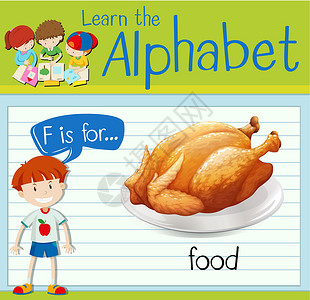 抽认卡字母 F 代表 foo学校教育学习孩子绿色卡片夹子盘子活动孩子们背景图片