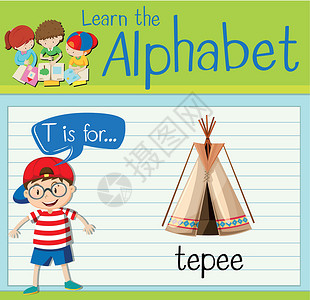 抽认卡字母 T 代表圆锥形帐篷孩子学校学习工作庇护所夹子孩子们绿色教育白色设计图片