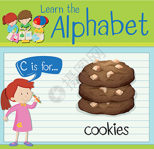 孩子吃饼干抽认卡字母 C 用于 cookie糖果孩子们教育学习学校小吃白色海报演讲孩子设计图片