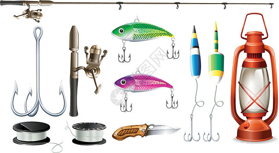 刀杆节带杆和钩的钓鱼设备插画