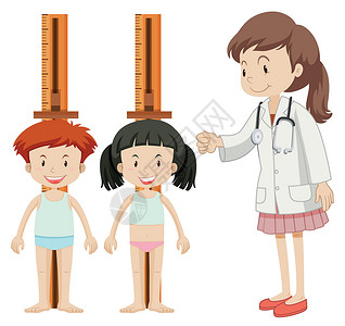 看医生女孩男孩和女孩测量身高插画