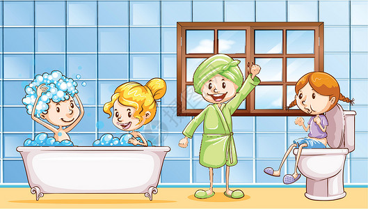 给孩子洗澡人们一起使用浴室插画