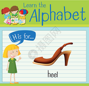 儿童旧鞋素材抽认卡字母 H 代表 hee孩子教育演讲绘画绿色夹子艺术海报学校孩子们设计图片
