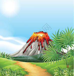径山古道火山喷发的场景插画