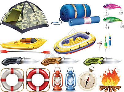 钓鱼装备带帐篷和其他设备的露营套装插画