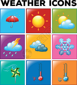 天气标识颜色背景上的不同天气图标插画