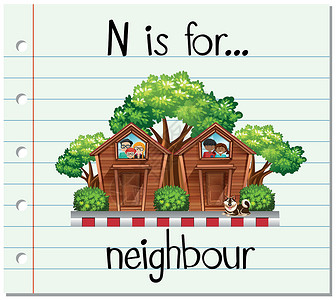 我们是邻居抽认卡字母 N 是给邻居的卡片写作幼儿园闪光夹子庇护所艺术纸板绘画刻字设计图片