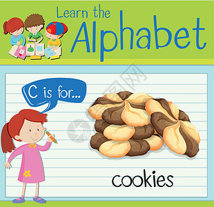 孩子吃饼干抽认卡字母 C 用于 cookie学习演讲甜点教育绘画小吃夹子孩子卡片绿色设计图片