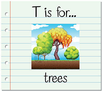 手写天籁花园抽认卡字母 T 代表树艺术插图写作卡片阅读花园教育夹子环境纸板设计图片