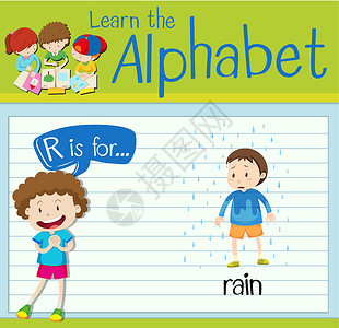 下雨出门孩子抽认卡字母 R 代表 rai天气工作学习季节气候艺术男生绿色孩子们孩子设计图片