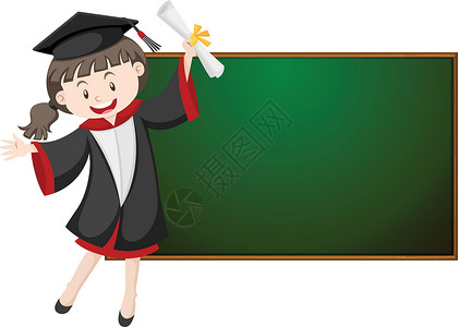 毕业插图黑板前穿毕业袍的女孩设计图片