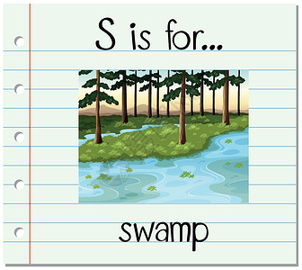 抽像场景抽认卡字母 S 代表游泳刻字卡通片夹子写作溪流闪光教育阅读幼儿园拼写插画